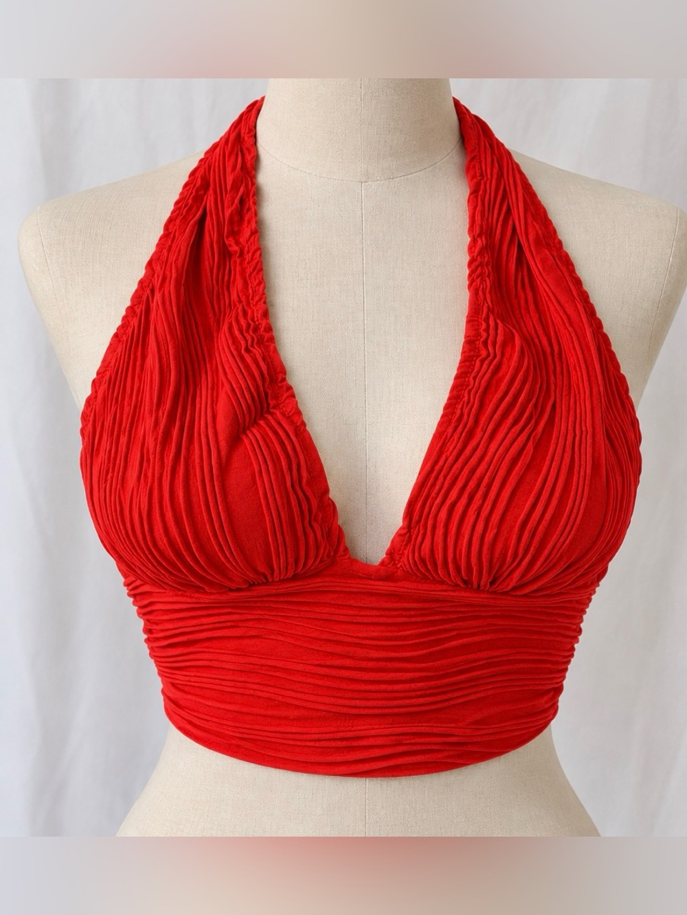 SHEIN Red Ruched Halter Crop Top Plunge Neck Y2K Size M